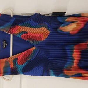Nicole Miller pleated abstract dress, size 10, orange, blue, red, black